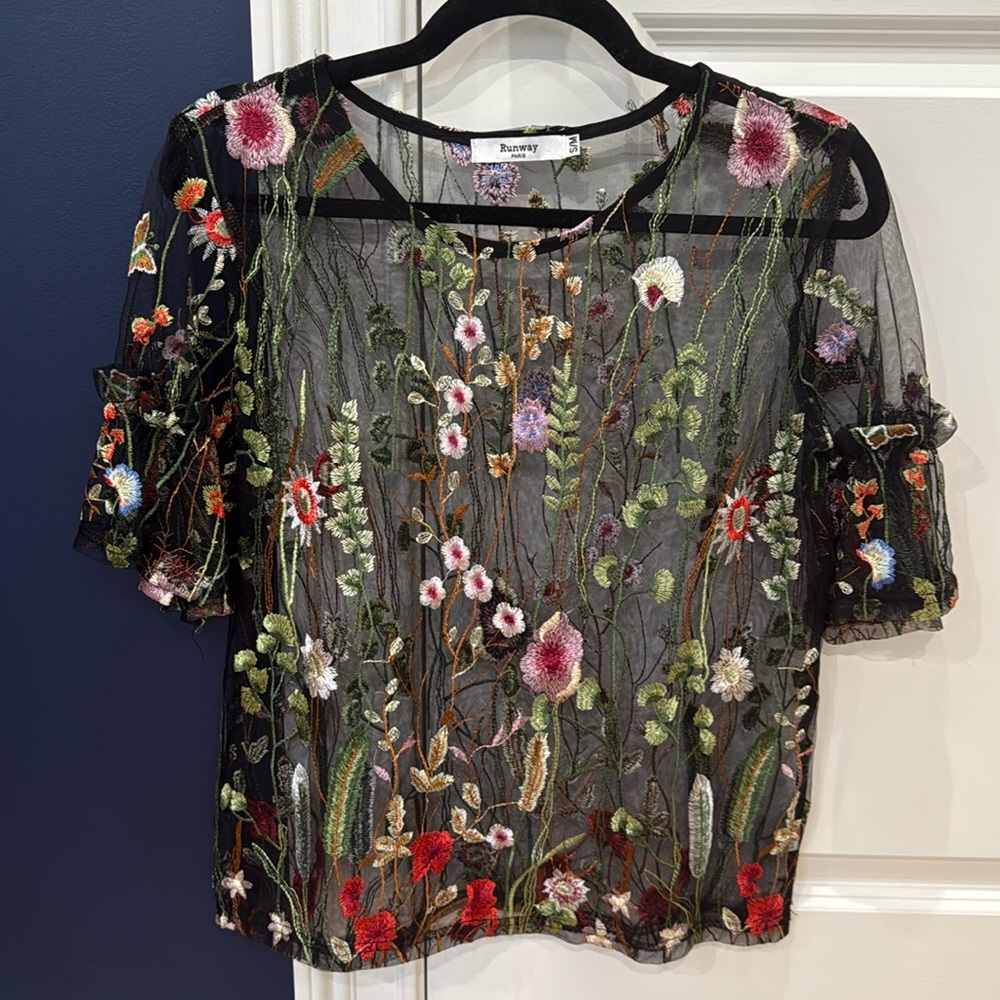 Runway Paris sheer and embroidered floral top